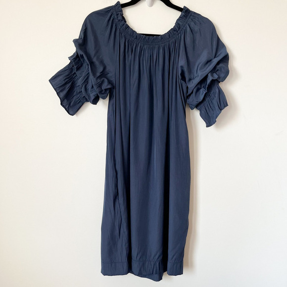 Mersea Tulum Ruffle Mini Dress Navy Blue Womens Small Pockets Off Shoulder - Picture 6 of 12